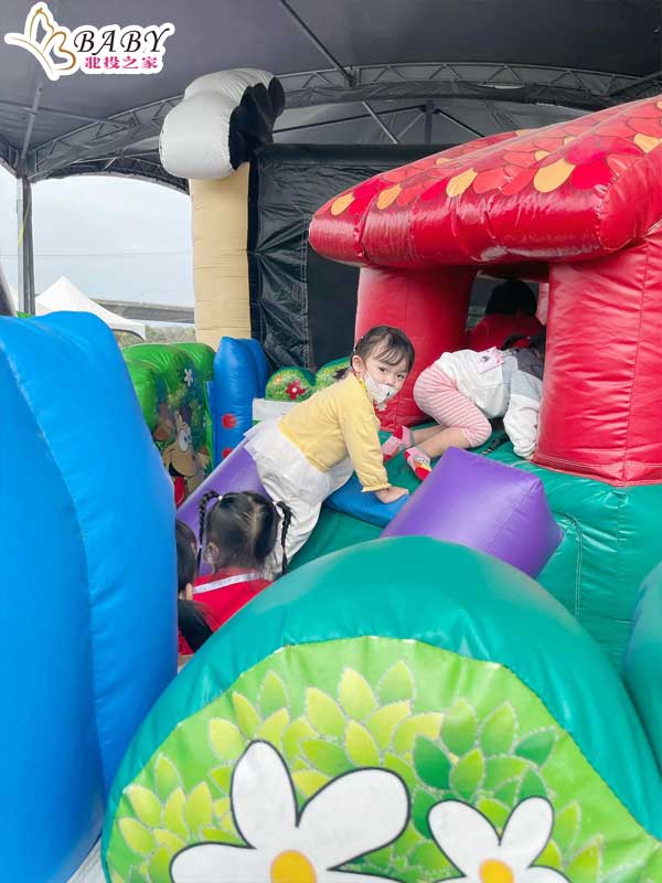 在屏東熱帶農業博覽會氣墊遊樂園裡，小朋友們可以盡情地享受快樂，而家長們也可以放心地讓他們自由玩耍，一邊欣賞周圍的美景。