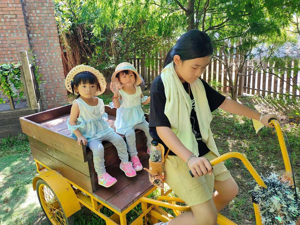 桃園觀音林家古厝休閒農場-古老與現代的完美結合,絕美景點打卡|雙寶甜妞|北投之家推薦桃園景點|北投之家 桃園觀音林家古厝休閒農場|古老與現代的完美結合,絕美景點打卡03
桃園觀音林家古厝休閒農場內的三輪車體驗,是小朋友們極度熱愛的拍照活動之一。二姐騎著三輪車帶領著甜妞們,他們的笑容和歡聲笑語彷彿成為了農場裡最動聽的樂章。這種特色的體驗不僅能讓小朋友們親近自然,也讓他們在遊樂中增長知識。