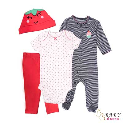0-6個月女寶寶套裝：

新生兒套裝:以冰淇淋草莓水果圖案為主題，是可愛、甜美、新鮮的象徵，讓孩子穿著草莓寶寶套裝，更能突顯女兒可愛又甜美
